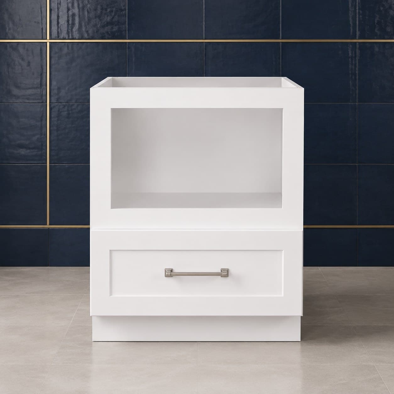 30 inch base microwave cabinet showing a wide open appliance bay above two full-width drawers, all-wood box, in Purity White finish — front view