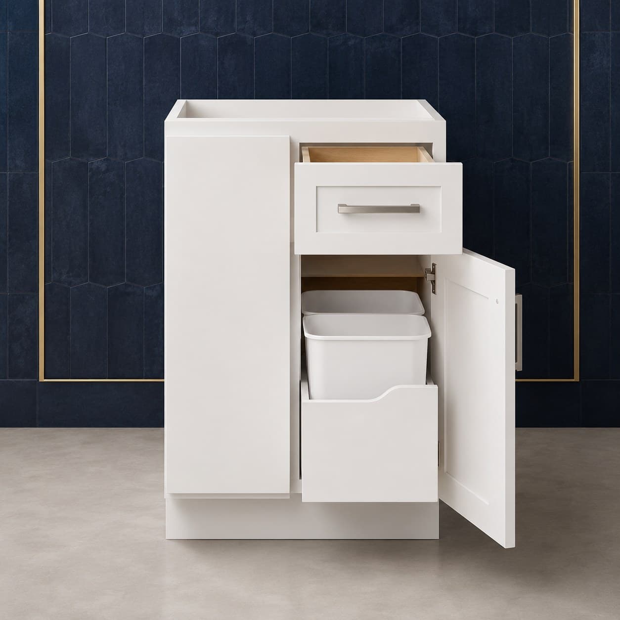18 inch waste basket base cabinet with two doors, top drawer, and interior space for trash and recycling bins, in Purity White finish — front view