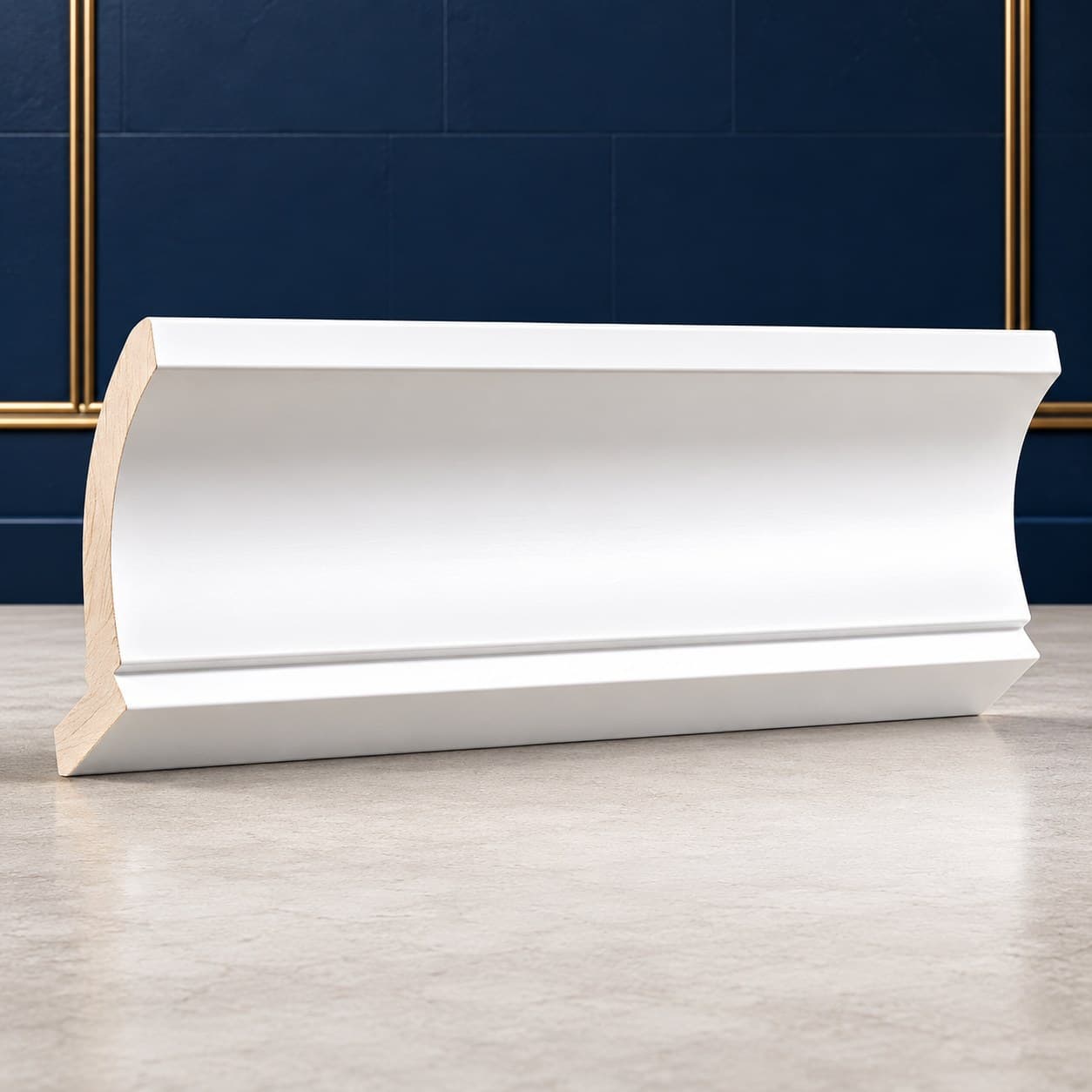 96 inch luxury crown molding with a low-profile 3 inch high traditional design in a neutral cabinet finish, in Purity White finish — front view