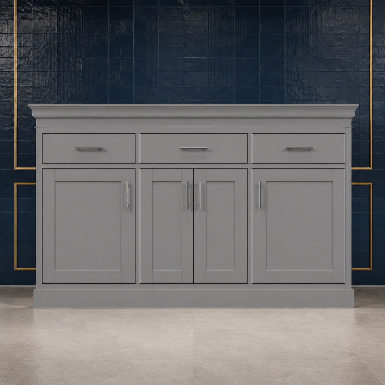 96 inch modern crown molding with squared transitional profile, 3 1/2 inches high and 4 inches deep, in a neutral wood finish, in Modern Gray finish — front view