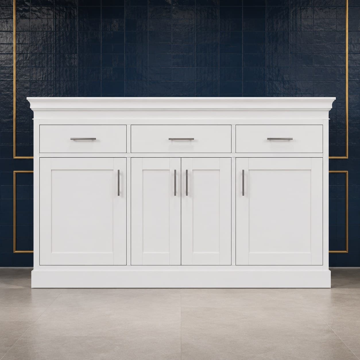 96 inch modern crown molding with squared transitional profile, 3 1/2 inches high and 4 inches deep, in a neutral wood finish, in Purity White finish — front view