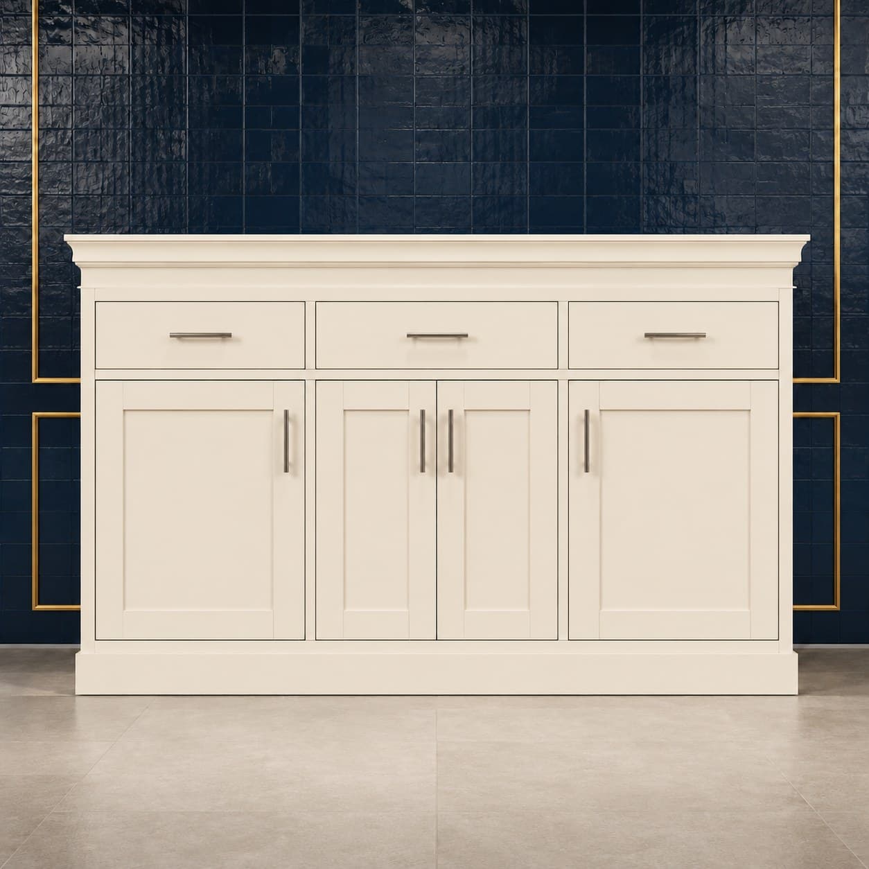 96 inch modern crown molding with squared transitional profile, 3 1/2 inches high and 4 inches deep, in a neutral wood finish, in Seashell Cream finish — front view