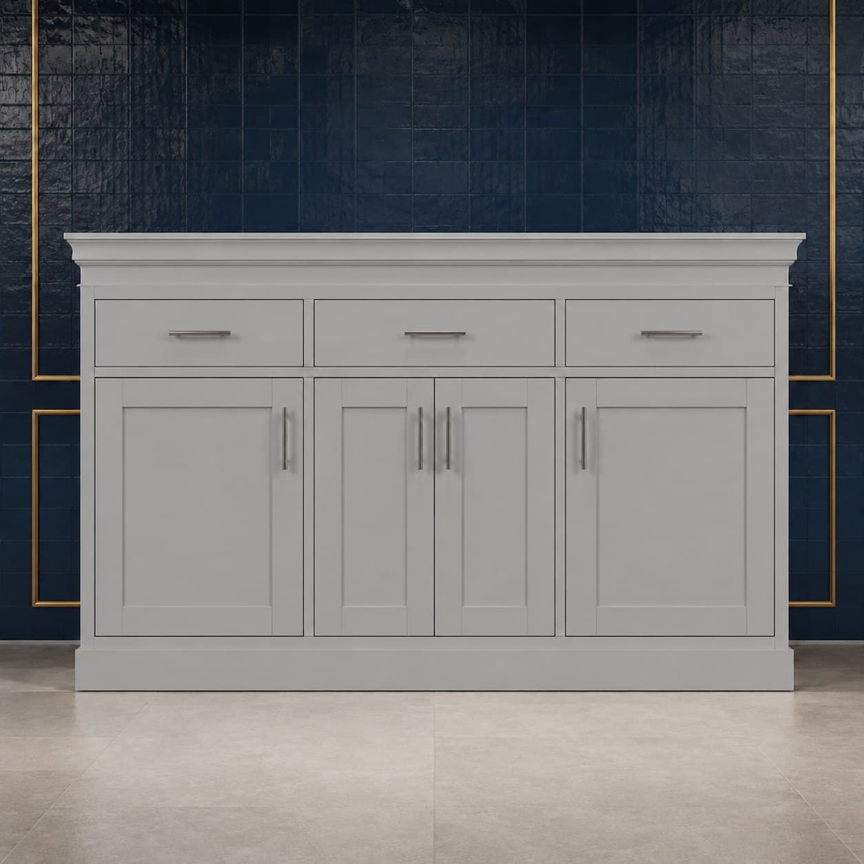 96 inch modern crown molding with squared transitional profile, 3 1/2 inches high and 4 inches deep, in a neutral wood finish, in Silver Gray finish — front view