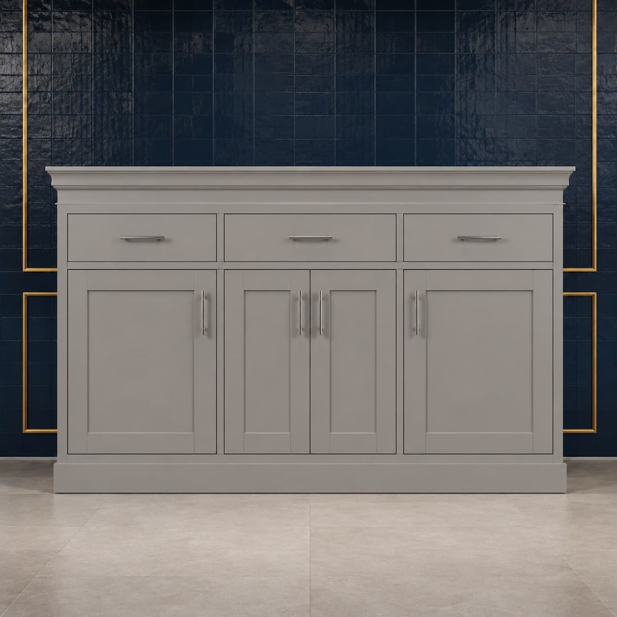96 inch modern crown molding with squared transitional profile, 3 1/2 inches high and 4 inches deep, in a neutral wood finish, in Victory Gray finish — front view