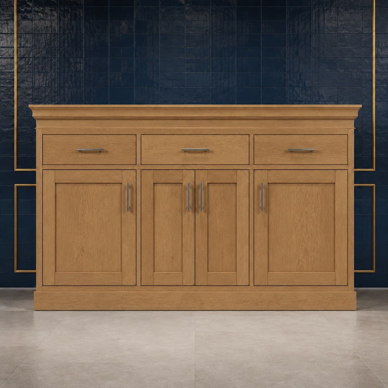 96 inch modern crown molding with squared transitional profile, 3 1/2 inches high and 4 inches deep, in a neutral wood finish, in Wood Color finish — front view