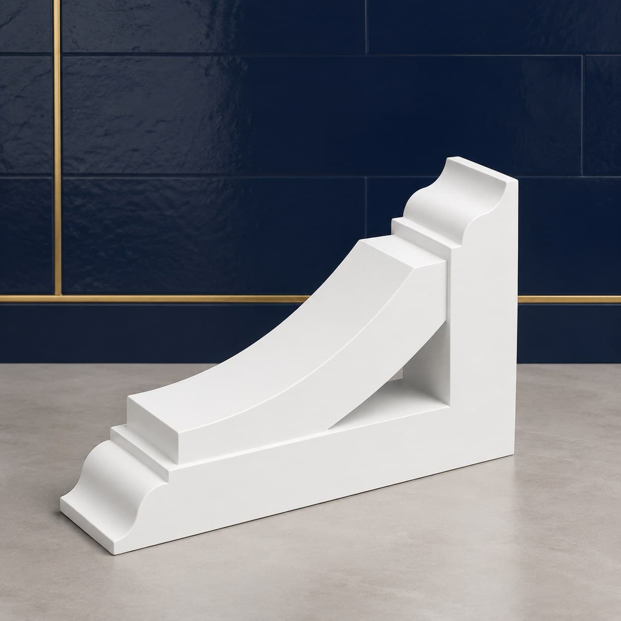 Carved wood corbel bracket measuring 3 by 12 by 8 inches with a scrolled profile, in a neutral wood tone, in Purity White finish — front view