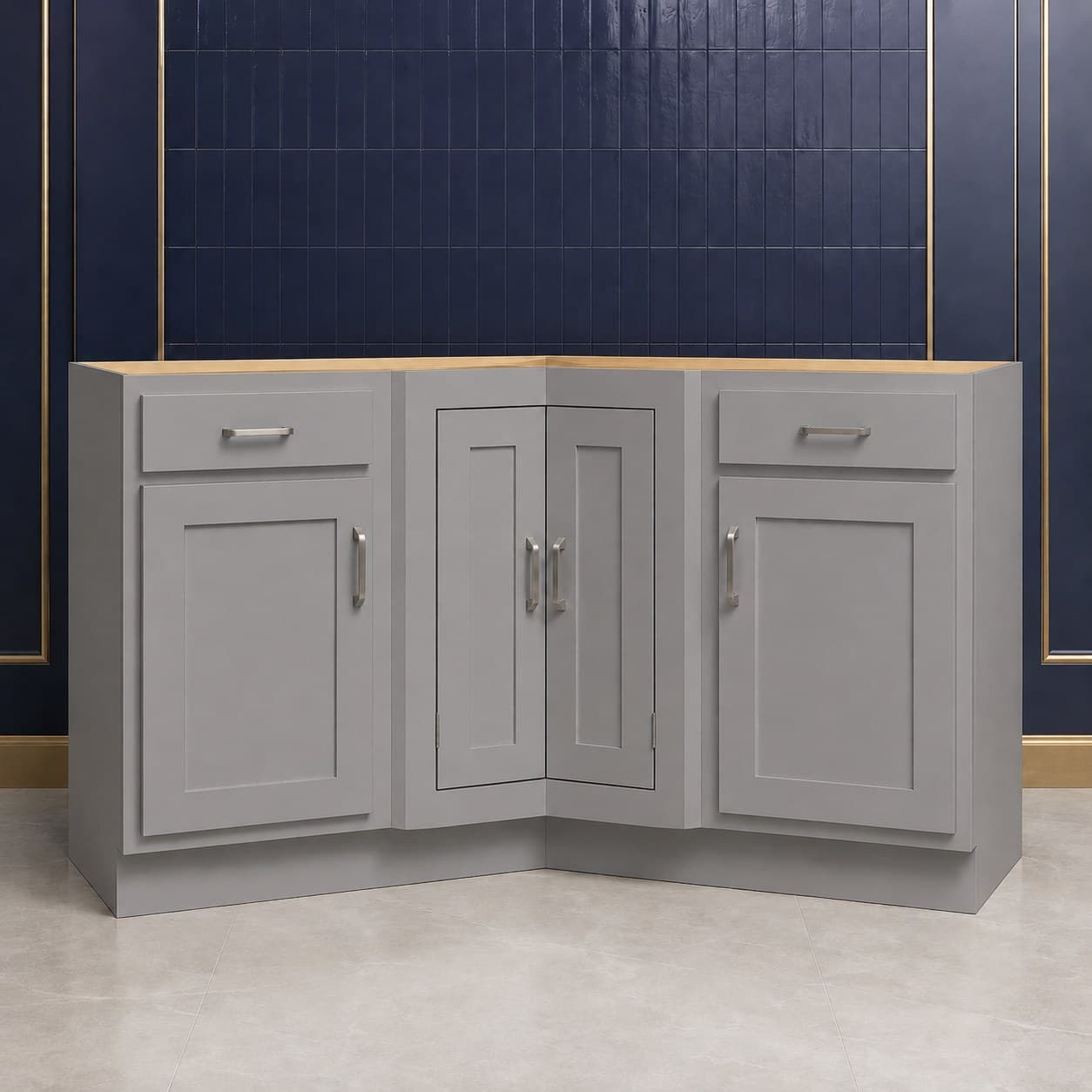 96 inch angle corner molding, a 3/4 inch by 3/4 inch L-shaped wood trim strip in a neutral cabinet finish, in Modern Gray finish — front view