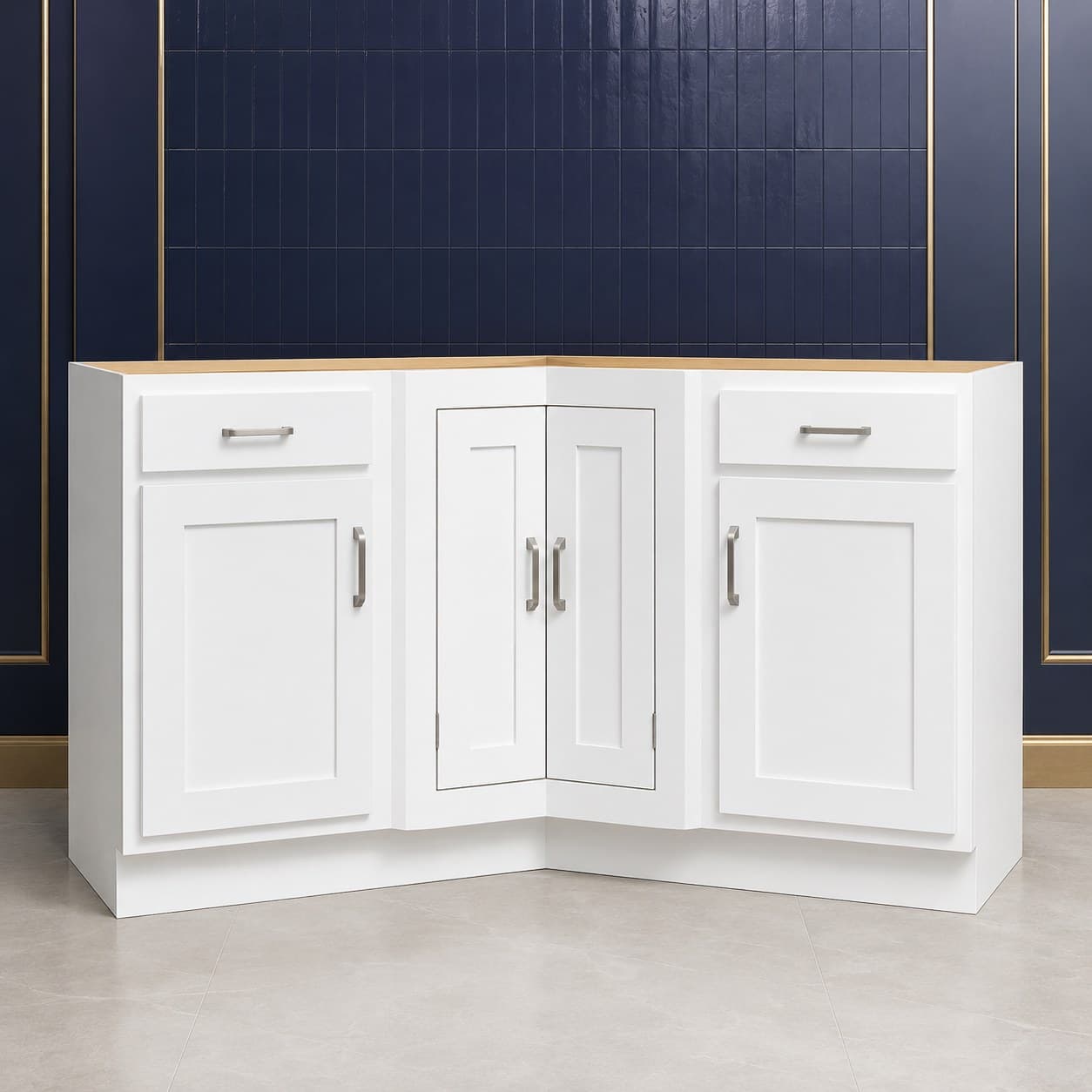 96 inch angle corner molding, a 3/4 inch by 3/4 inch L-shaped wood trim strip in a neutral cabinet finish, in Purity White finish — front view