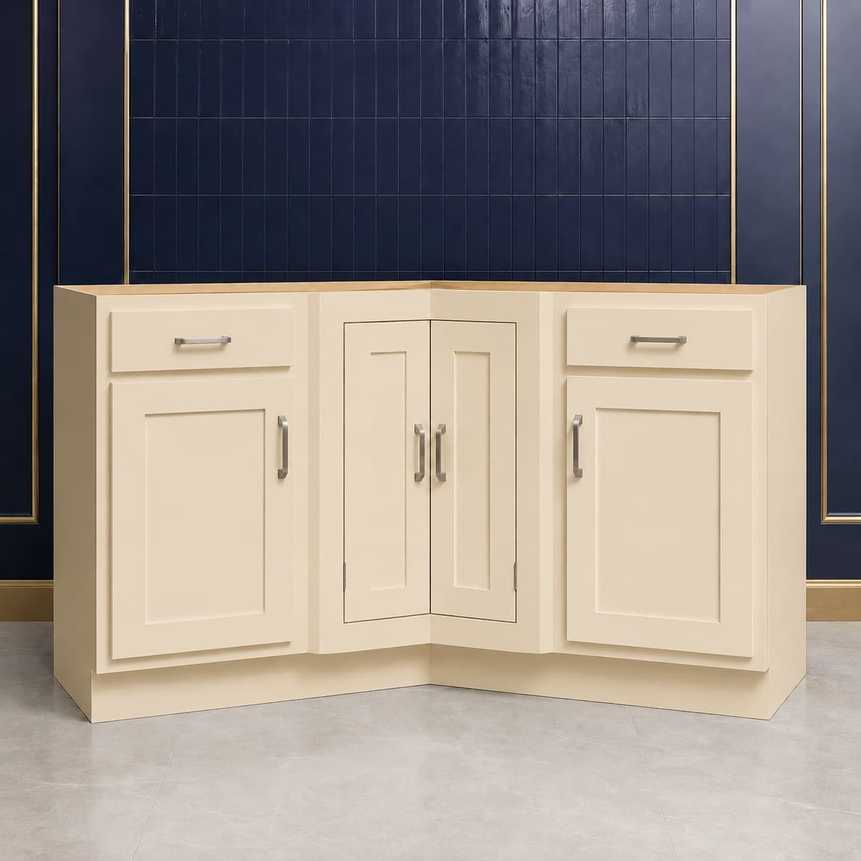 96 inch angle corner molding, a 3/4 inch by 3/4 inch L-shaped wood trim strip in a neutral cabinet finish, in Seashell Cream finish — front view