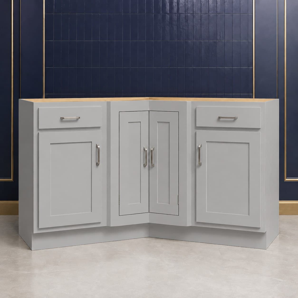 96 inch angle corner molding, a 3/4 inch by 3/4 inch L-shaped wood trim strip in a neutral cabinet finish, in Silver Gray finish — front view