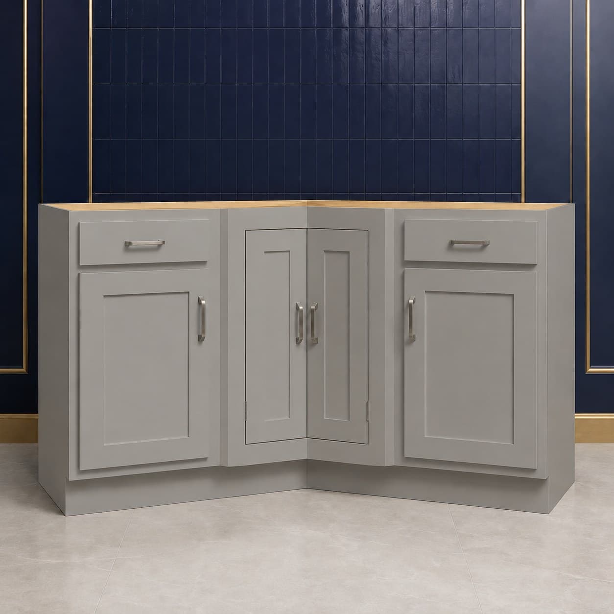 96 inch angle corner molding, a 3/4 inch by 3/4 inch L-shaped wood trim strip in a neutral cabinet finish, in Victory Gray finish — front view