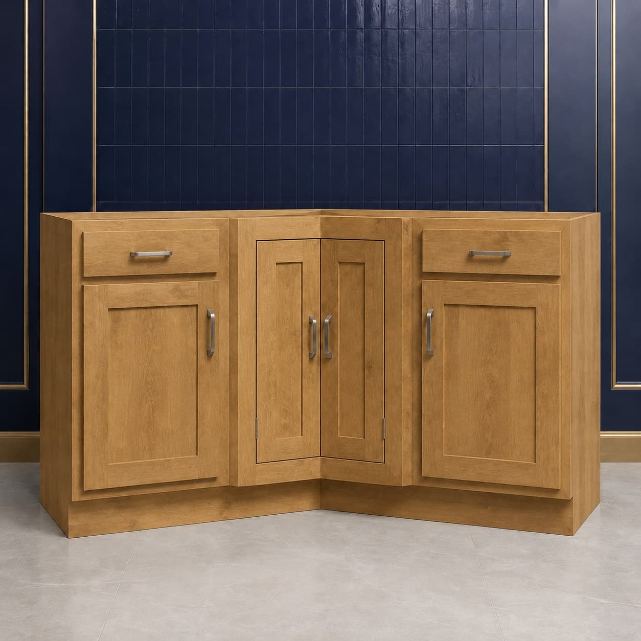 96 inch angle corner molding, a 3/4 inch by 3/4 inch L-shaped wood trim strip in a neutral cabinet finish, in Wood Color finish — front view