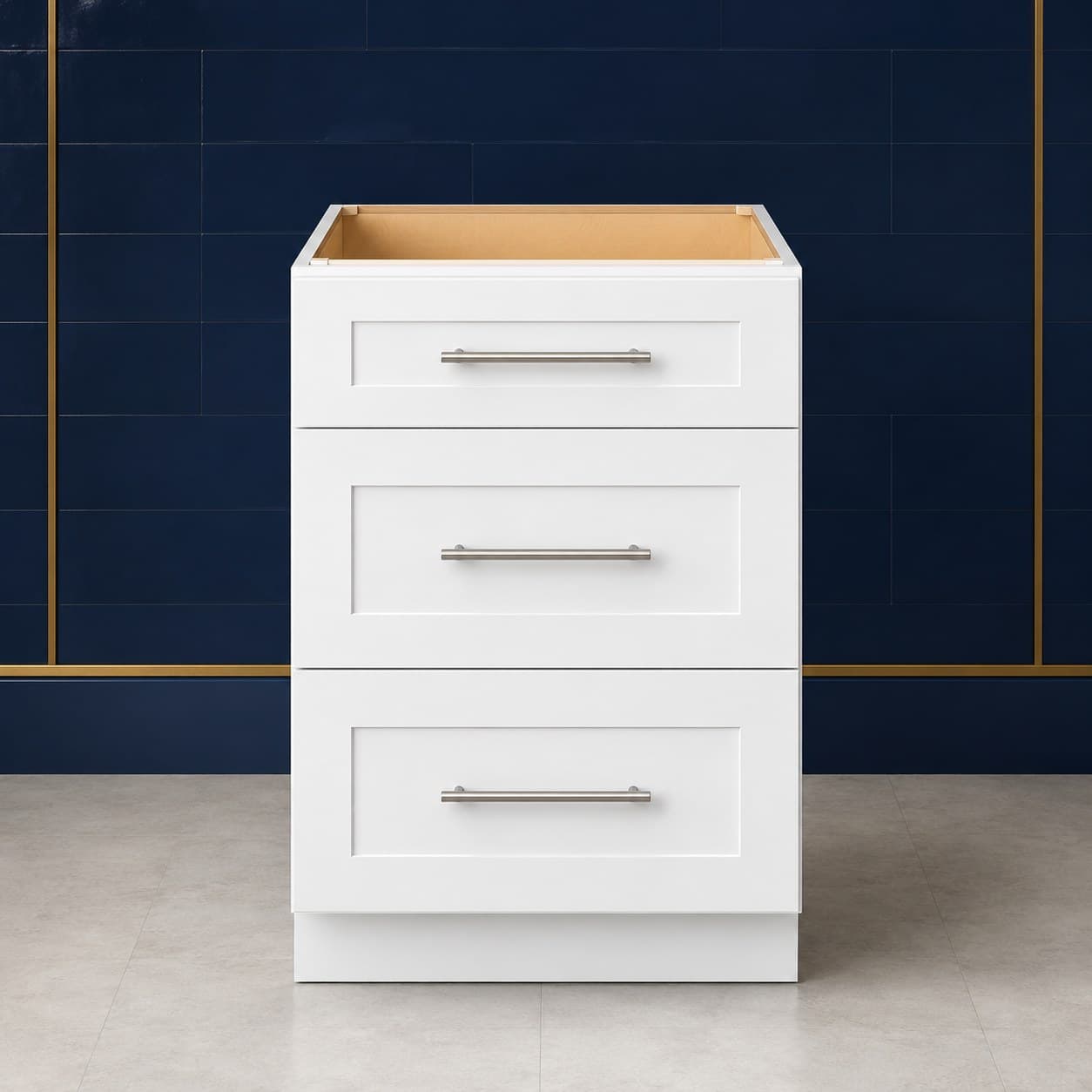 18 inch base cabinet with three drawers of graduated depth, all-wood drawer fronts and standard 24 inch depth, in Purity White finish — front view
