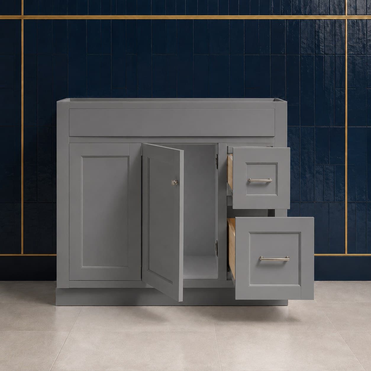 Finn 36 inch left offset single sink bathroom vanity with the basin positioned to the left, doors below the sink, and a column of dovetail drawers on the right, in Modern Gray finish — front view