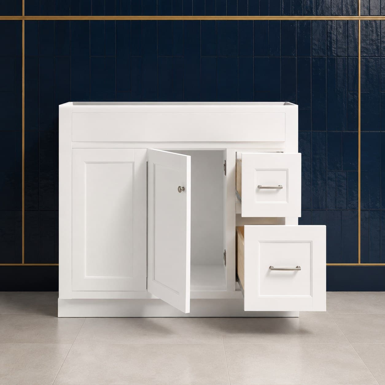 Finn 36 inch left offset single sink bathroom vanity with the basin positioned to the left, doors below the sink, and a column of dovetail drawers on the right, in Purity White finish — front view