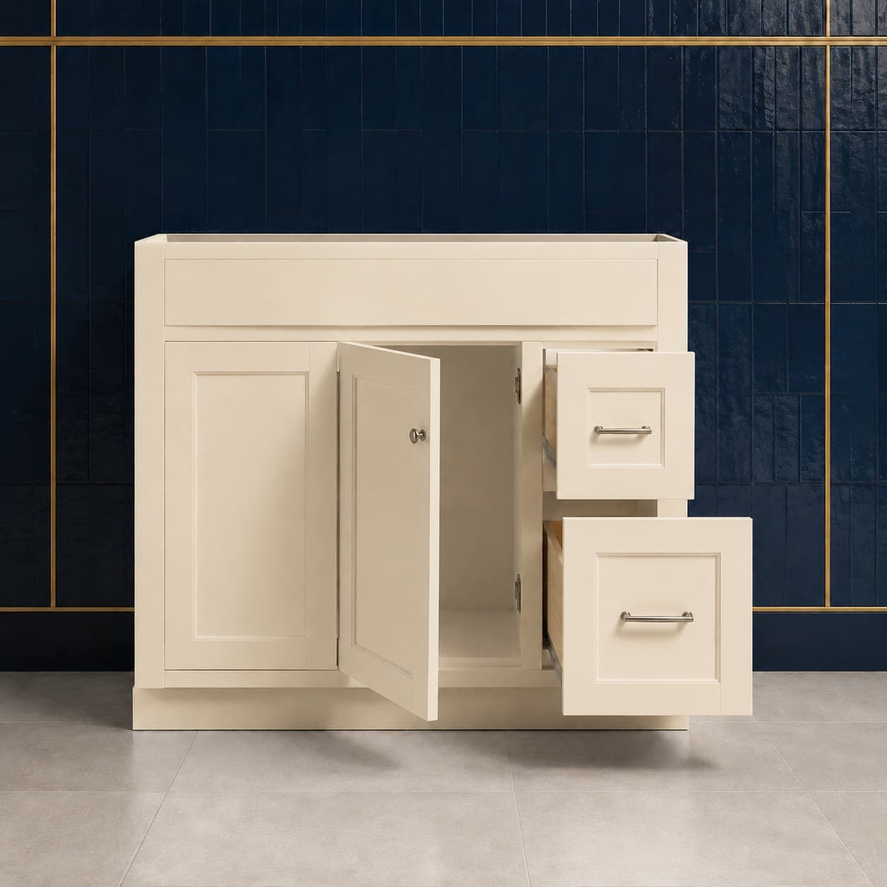 Finn 36 inch left offset single sink bathroom vanity with the basin positioned to the left, doors below the sink, and a column of dovetail drawers on the right, in Seashell Cream finish — front view