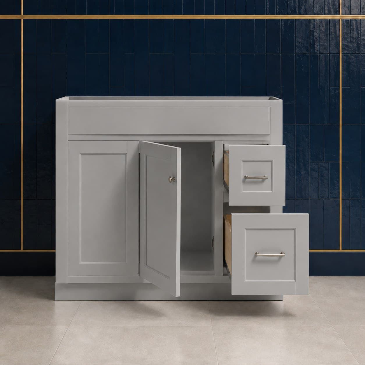 Finn 36 inch left offset single sink bathroom vanity with the basin positioned to the left, doors below the sink, and a column of dovetail drawers on the right, in Silver Gray finish — front view
