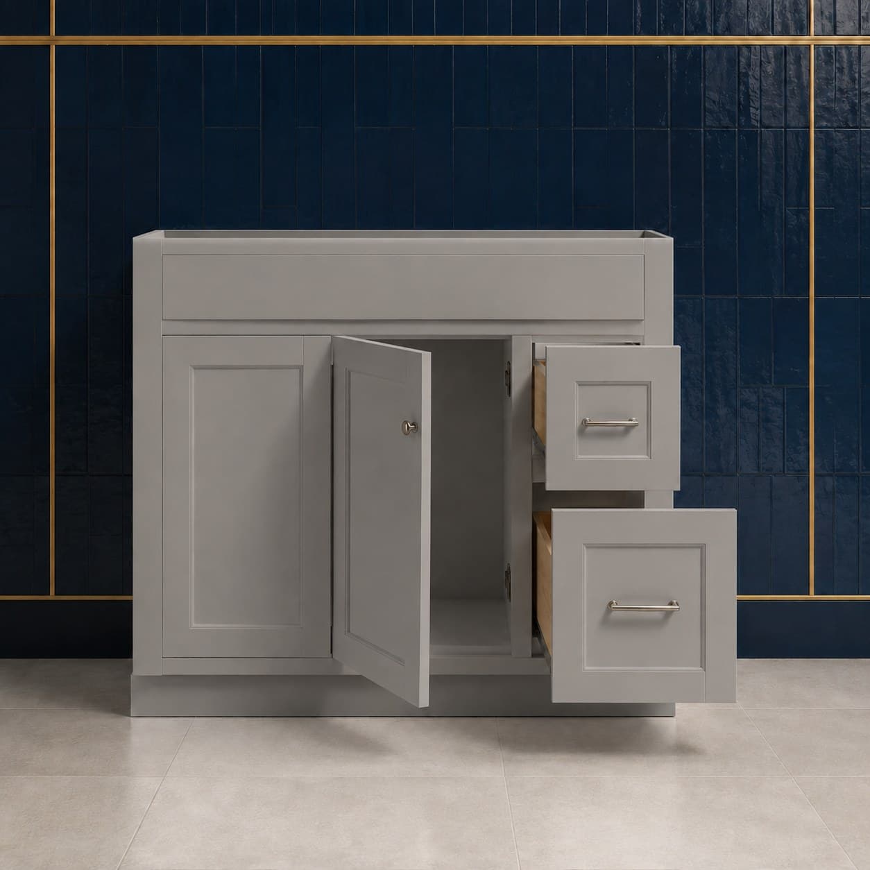 Finn 36 inch left offset single sink bathroom vanity with the basin positioned to the left, doors below the sink, and a column of dovetail drawers on the right, in Victory Gray finish — front view