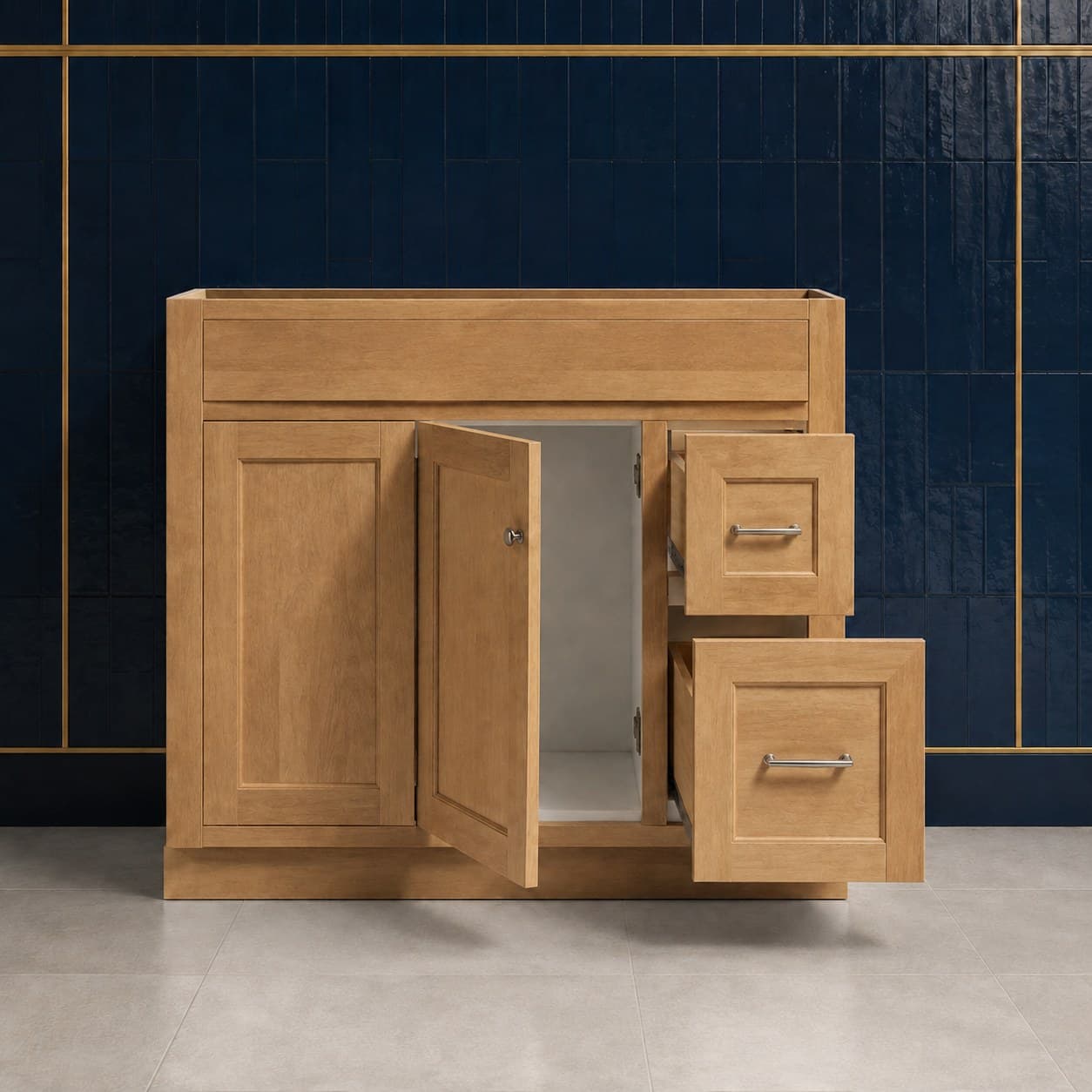 Finn 36 inch left offset single sink bathroom vanity with the basin positioned to the left, doors below the sink, and a column of dovetail drawers on the right, in Wood Color finish — front view