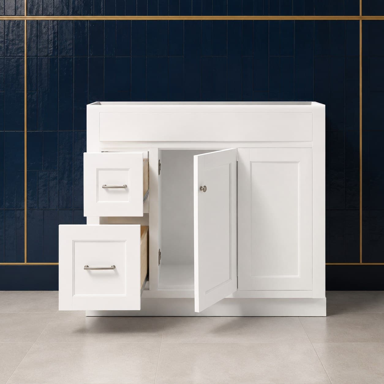 Finn 36 inch right offset single sink bathroom vanity with the basin positioned to the right, doors below the sink, and a column of dovetail drawers on the left, in Purity White finish — front view