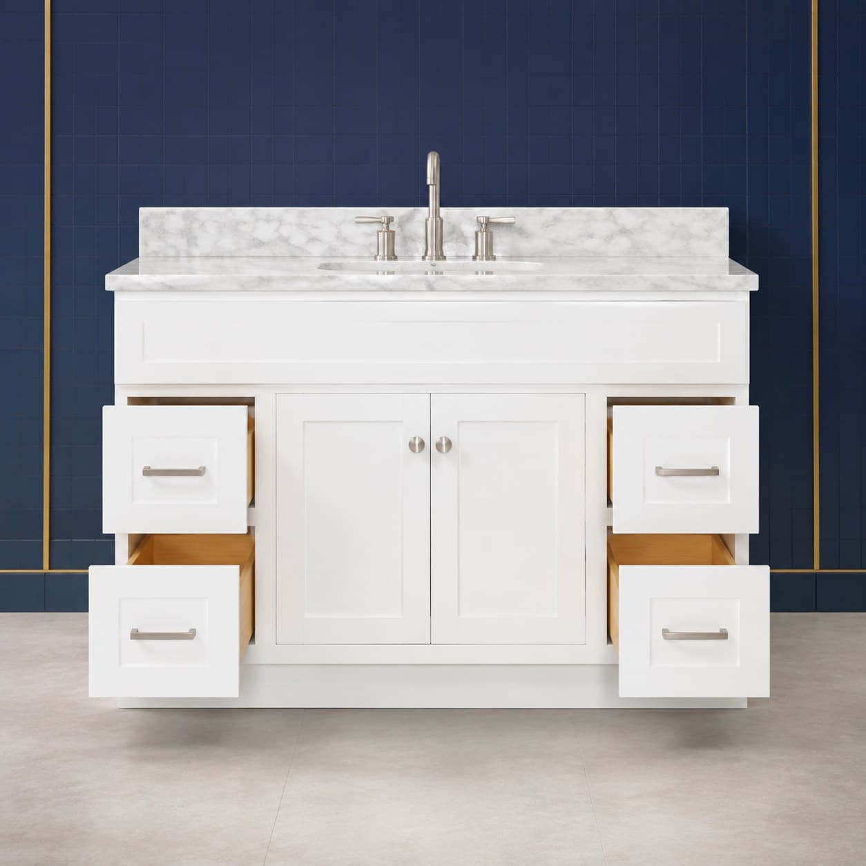 Finn 54 inch single sink bathroom vanity showing solid wood doors, full-extension dovetail drawers, and a single-basin top, finish-neutral front view, in Purity White finish