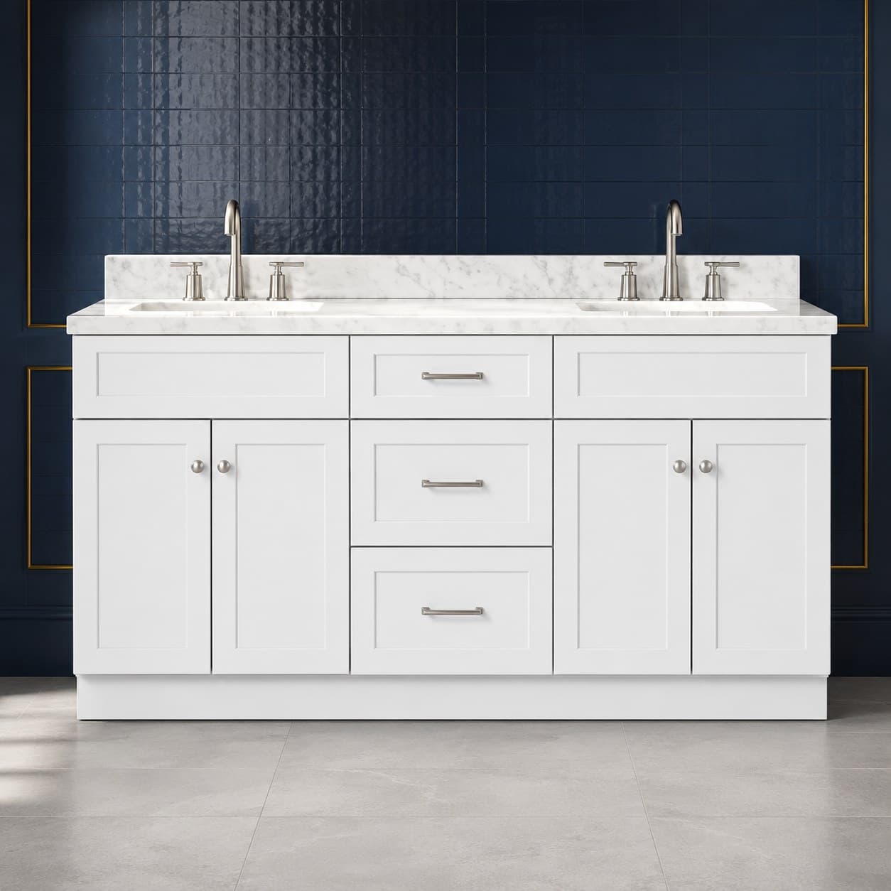 Freestanding Finn 66 inch double sink vanity showing two basins, solid wood doors, and dovetail drawer banks, finish-neutral front view, in Purity White finish