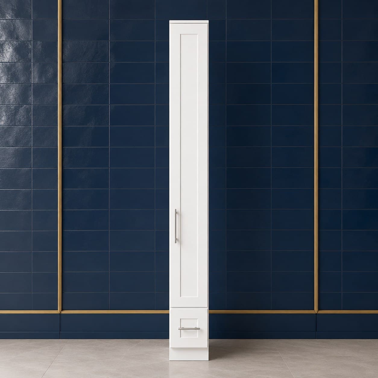 6 inch wide by 96 inch tall cabinet filler panel in a neutral finish matching tall cabinets, in Purity White finish — front view