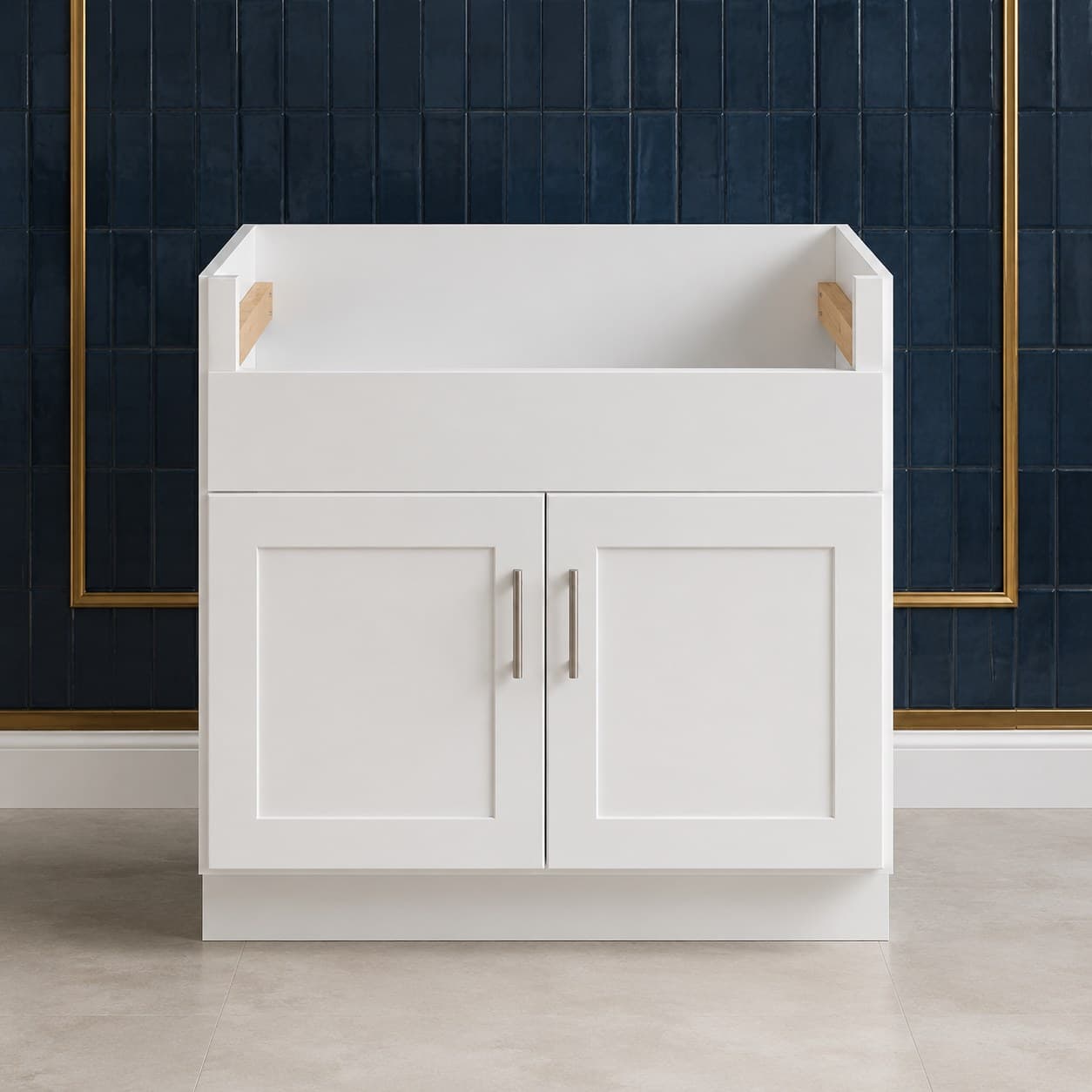 36 inch farmhouse sink base cabinet with double doors and open top frame designed to support an apron-front sink, in Purity White finish — front view