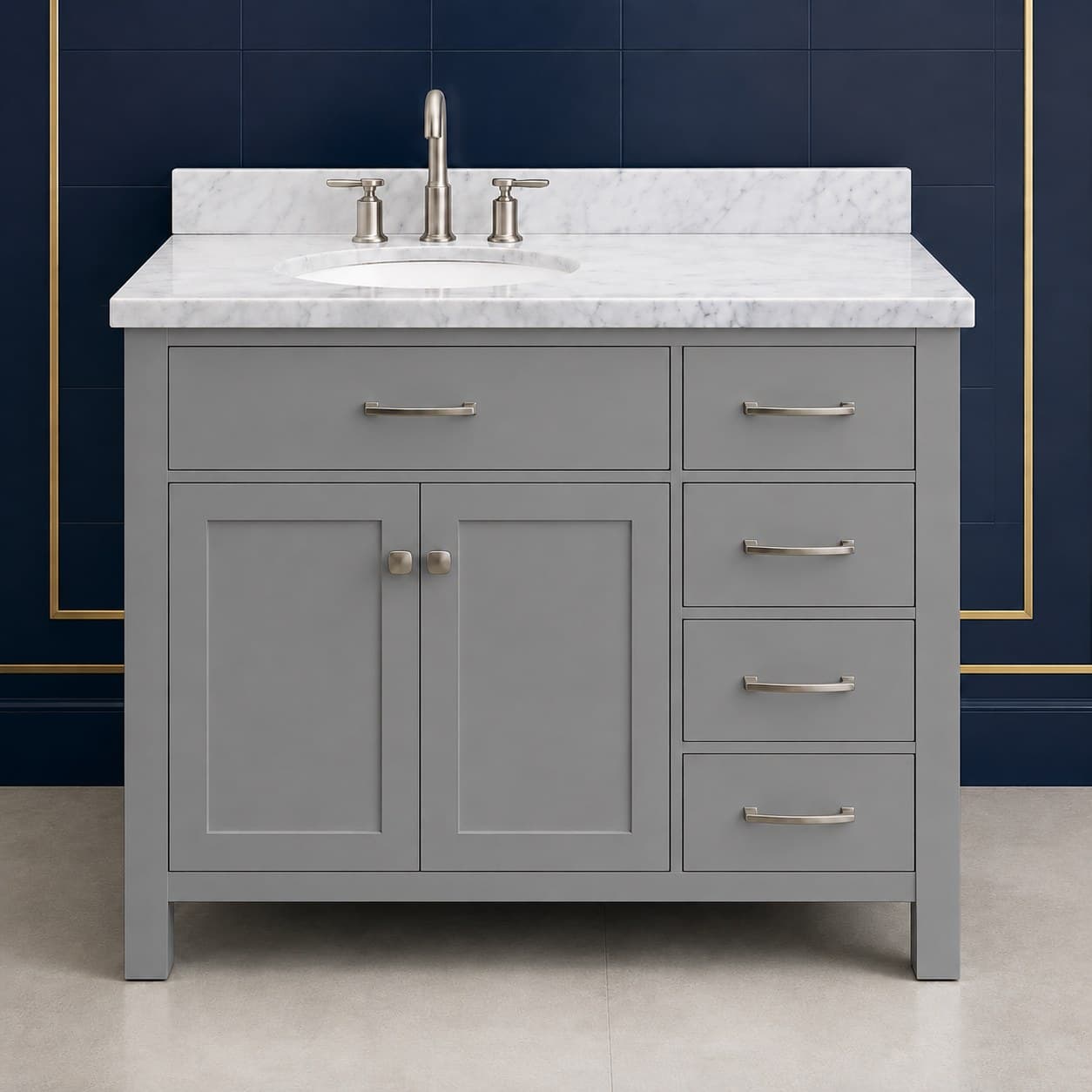 Hugo 42 inch left offset single sink bathroom vanity with the basin positioned to the left, doors below the sink, and a column of dovetail drawers on the right, in Modern Gray finish — front view