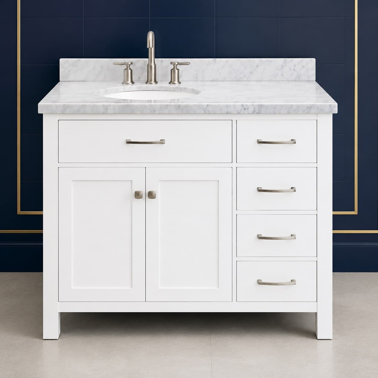 Hugo 42 inch left offset single sink bathroom vanity with the basin positioned to the left, doors below the sink, and a column of dovetail drawers on the right, in Purity White finish — front view