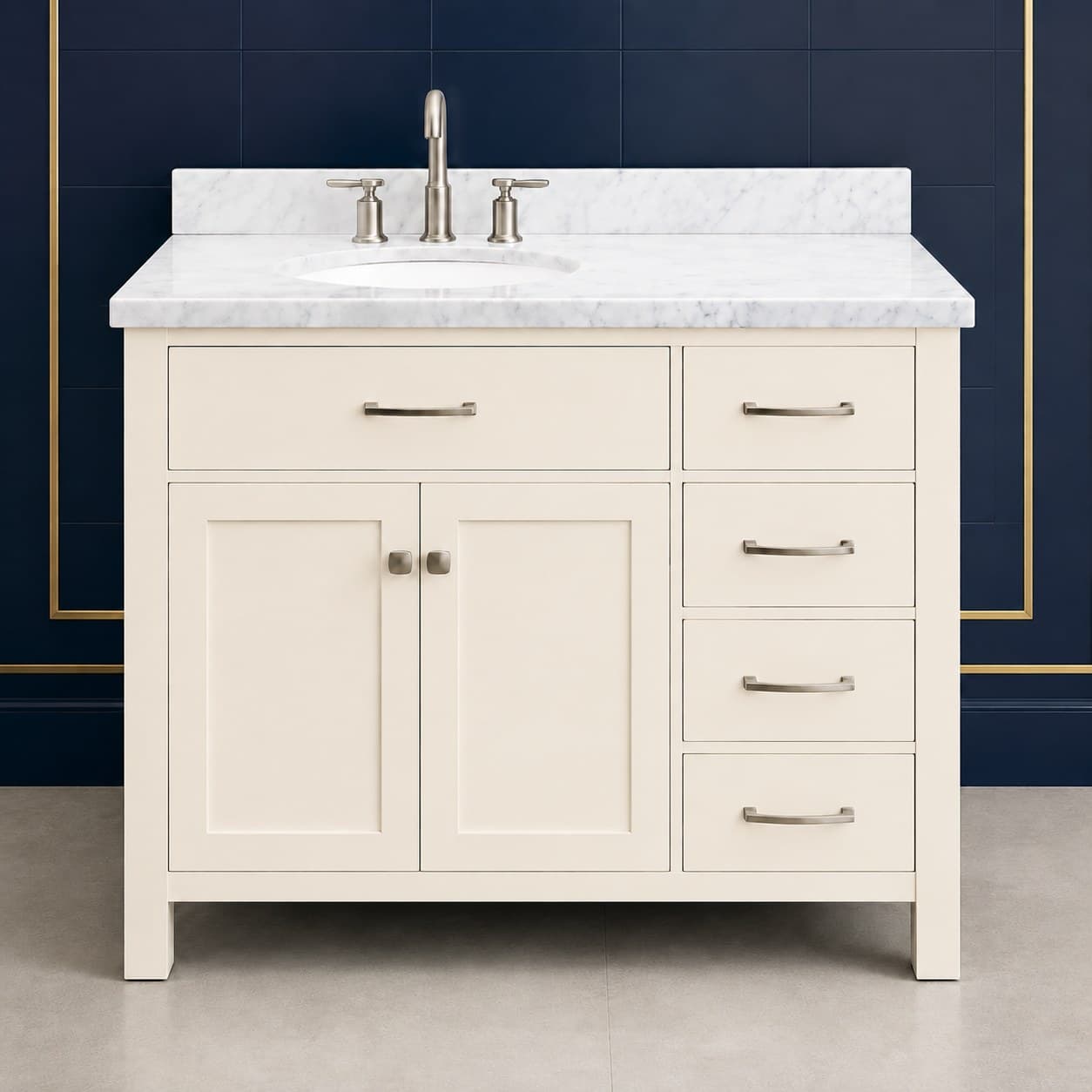 Hugo 42 inch left offset single sink bathroom vanity with the basin positioned to the left, doors below the sink, and a column of dovetail drawers on the right, in Seashell Cream finish — front view