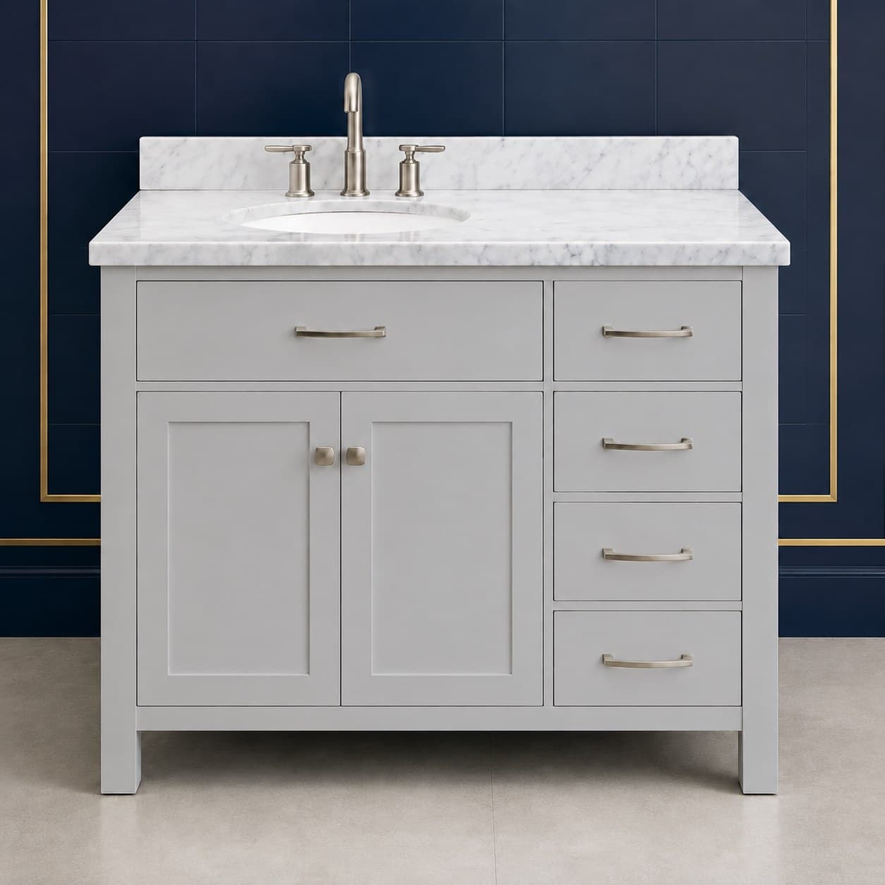 Hugo 42 inch left offset single sink bathroom vanity with the basin positioned to the left, doors below the sink, and a column of dovetail drawers on the right, in Silver Gray finish — front view