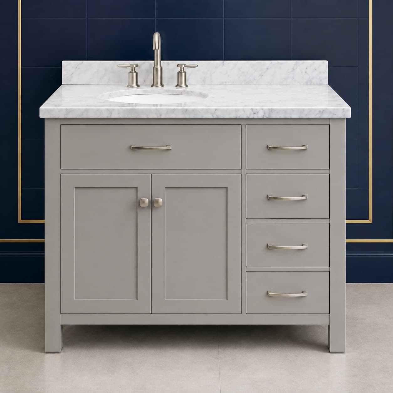 Hugo 42 inch left offset single sink bathroom vanity with the basin positioned to the left, doors below the sink, and a column of dovetail drawers on the right, in Victory Gray finish — front view