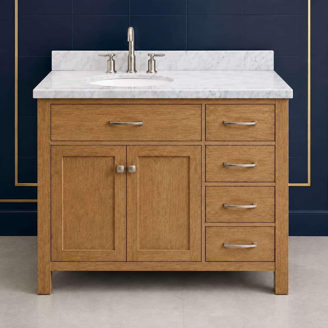 Hugo 42 inch left offset single sink bathroom vanity with the basin positioned to the left, doors below the sink, and a column of dovetail drawers on the right, in Wood Color finish — front view