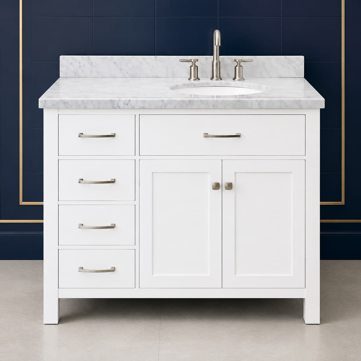 Hugo 42 inch right offset single sink bathroom vanity with the basin positioned to the right, doors below the sink, and a column of dovetail drawers on the left, in Purity White finish — front view