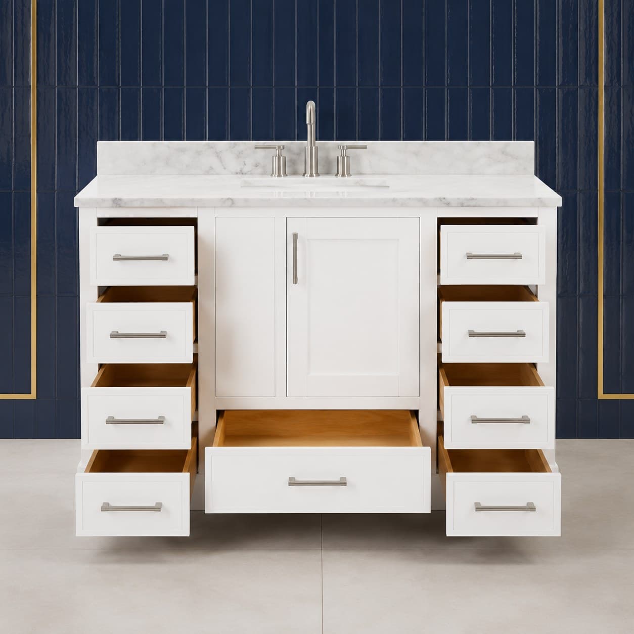 Freestanding Hugo 54 inch single sink bathroom vanity with framed soft-close doors, a bank of dovetail drawers, and a countertop with single basin, in Purity White finish — front view