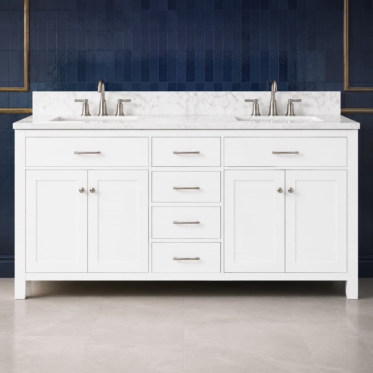 Freestanding Hugo 72 inch double sink vanity showing two basins, solid wood doors, and dovetail drawer banks, finish-neutral front view, in Purity White finish