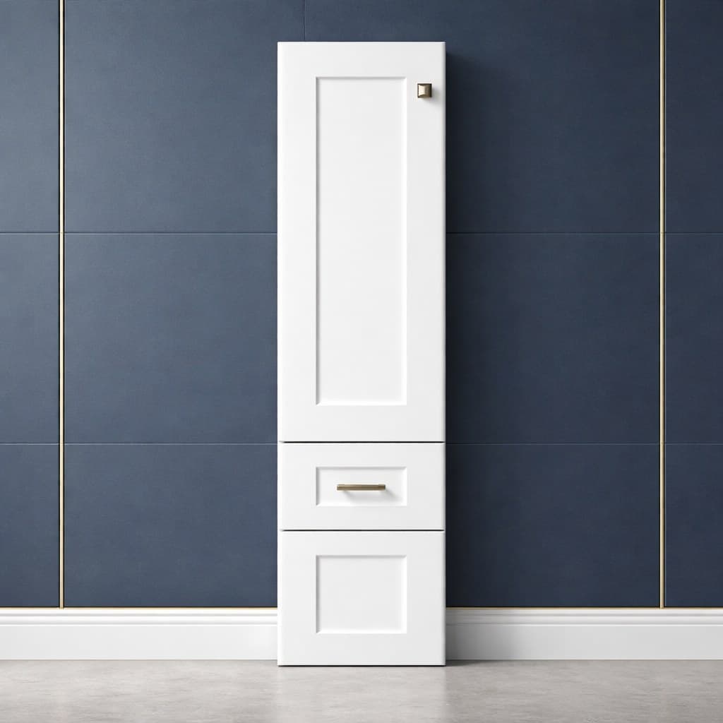 Half post measuring 3 by 2 by 30 inches with a flat back for mounting against cabinet sides, in a neutral wood finish, in Purity White finish — front view