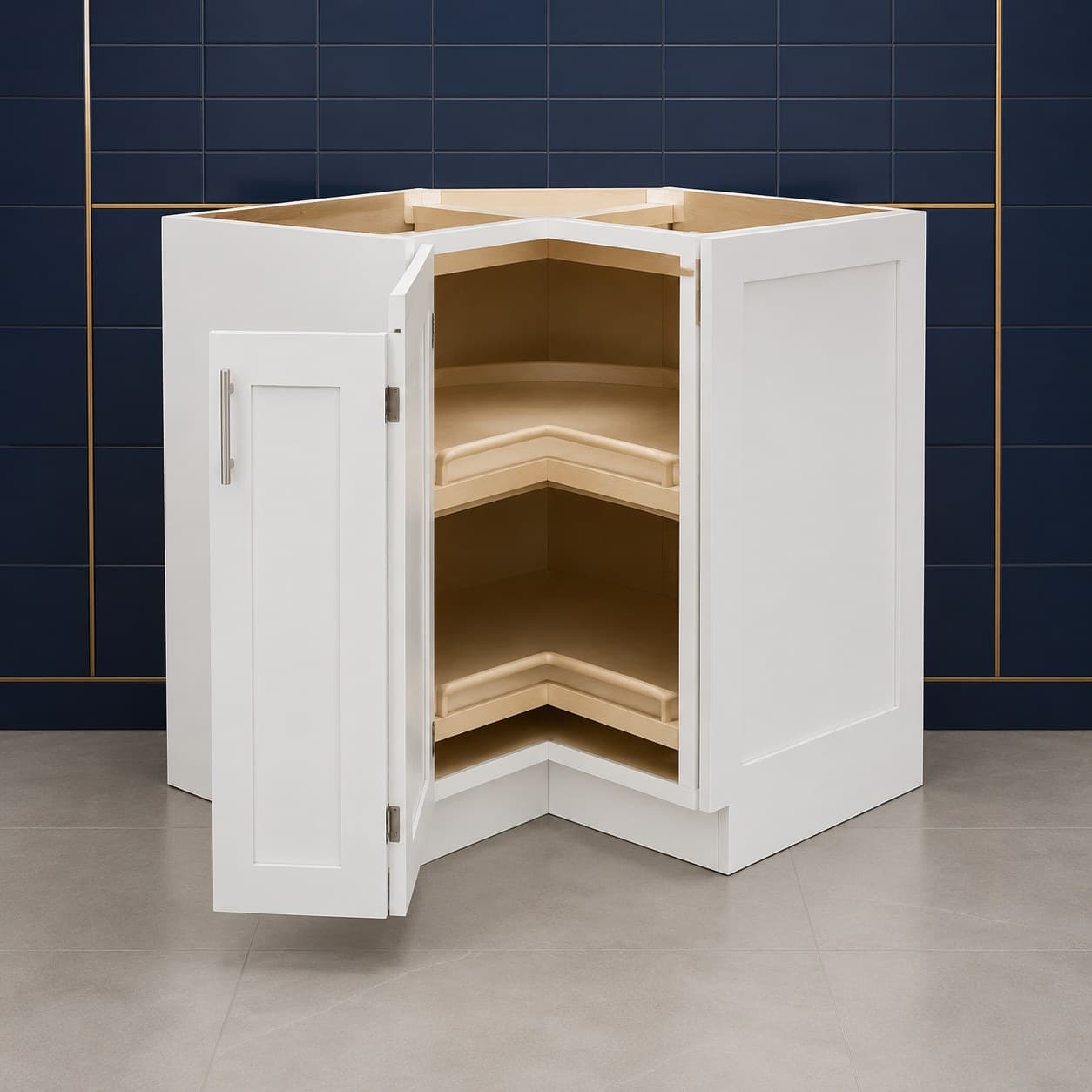 36 inch corner base cabinet with bifold door and two-tier lazy Susan shelving inside, all-wood shaker style, in Purity White finish — front view