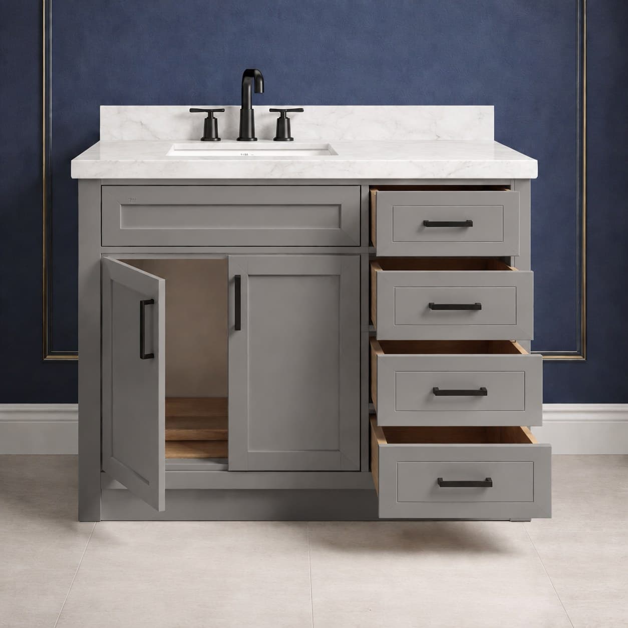 Milena 42 inch left offset single sink bathroom vanity with the basin positioned to the left, doors below the sink, and a column of dovetail drawers on the right, in Modern Gray finish — front view