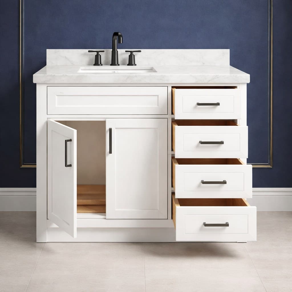 Milena 42 inch left offset single sink bathroom vanity with the basin positioned to the left, doors below the sink, and a column of dovetail drawers on the right, in Purity White finish — front view
