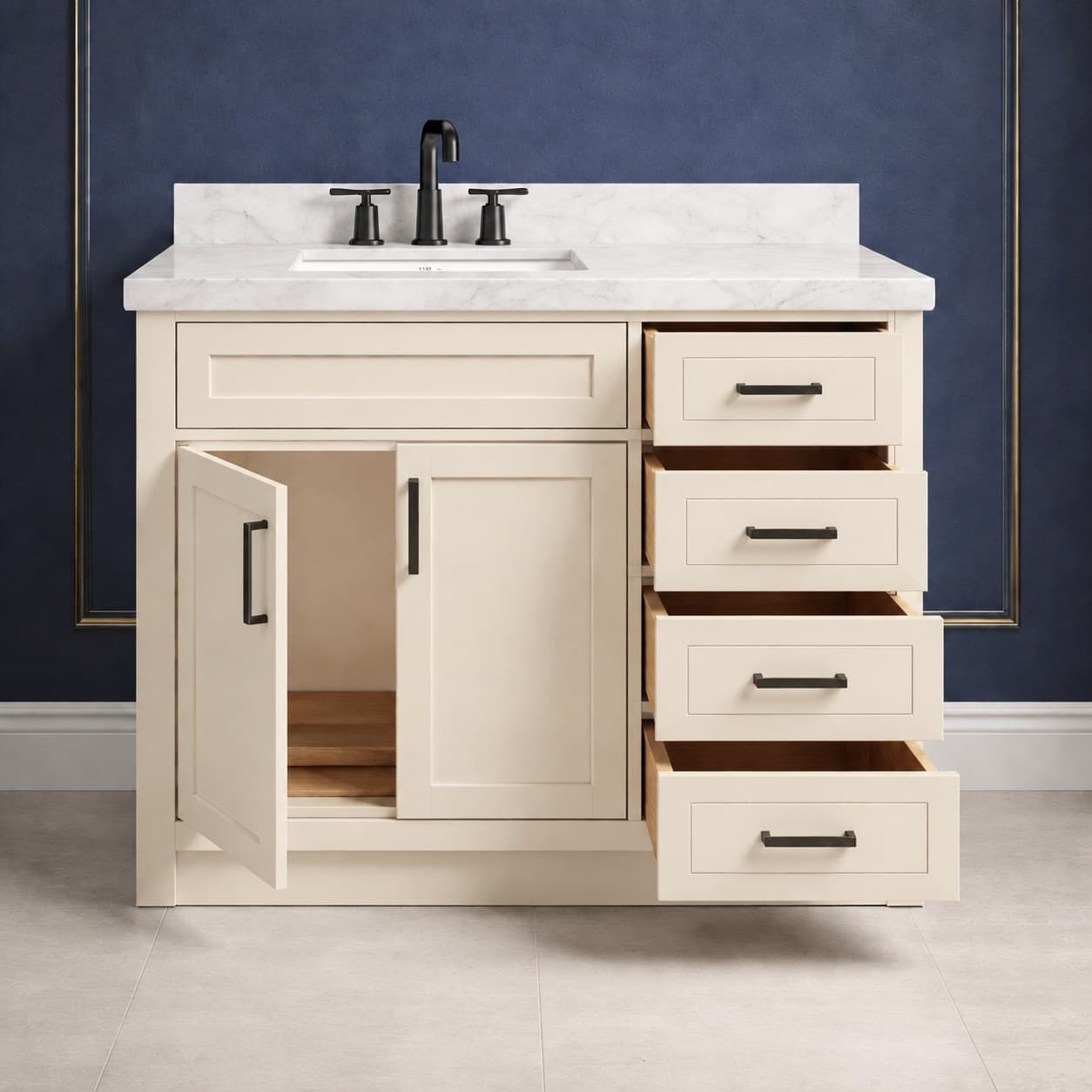 Milena 42 inch left offset single sink bathroom vanity with the basin positioned to the left, doors below the sink, and a column of dovetail drawers on the right, in Seashell Cream finish — front view