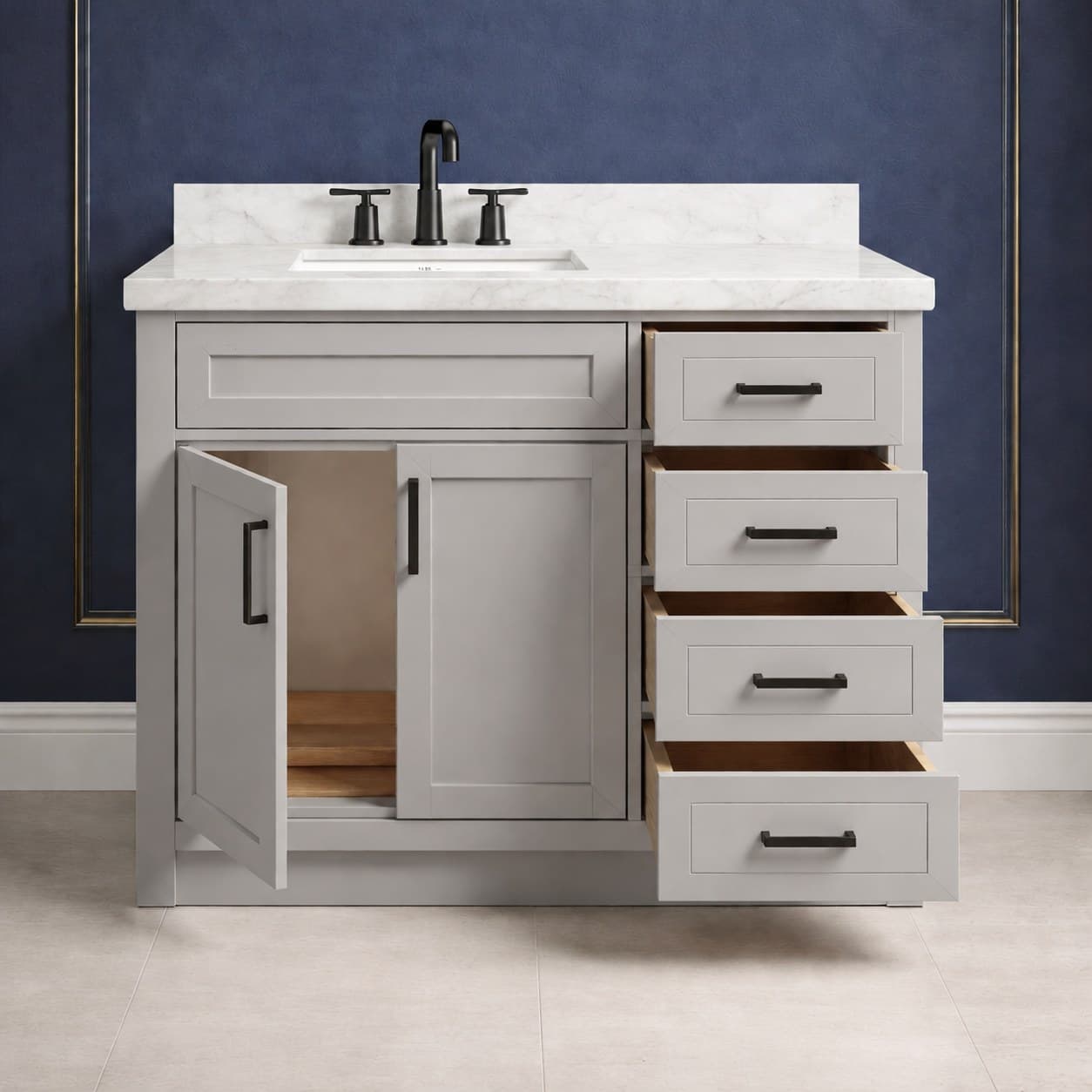 Milena 42 inch left offset single sink bathroom vanity with the basin positioned to the left, doors below the sink, and a column of dovetail drawers on the right, in Silver Gray finish — front view