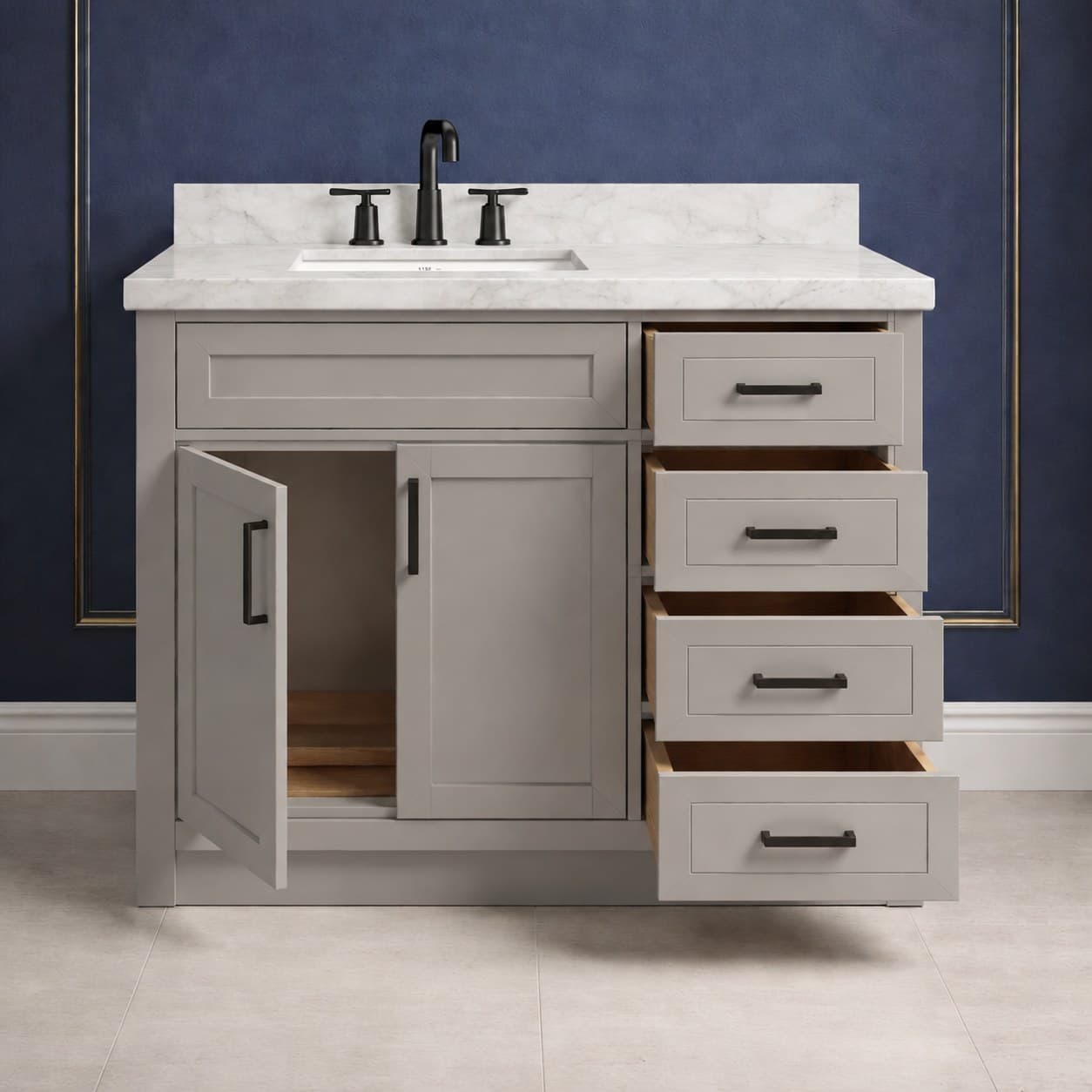 Milena 42 inch left offset single sink bathroom vanity with the basin positioned to the left, doors below the sink, and a column of dovetail drawers on the right, in Victory Gray finish — front view