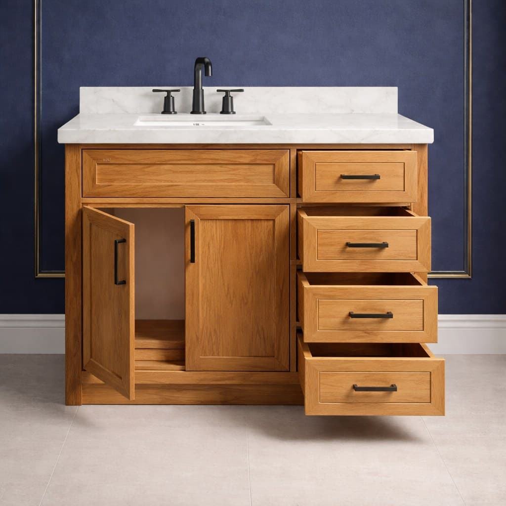 Milena 42 inch left offset single sink bathroom vanity with the basin positioned to the left, doors below the sink, and a column of dovetail drawers on the right, in Wood Color finish — front view