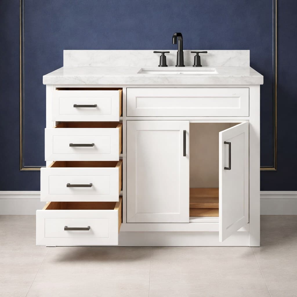 Milena 42 inch right offset single sink bathroom vanity with the basin positioned to the right, doors below the sink, and a column of dovetail drawers on the left, in Purity White finish — front view