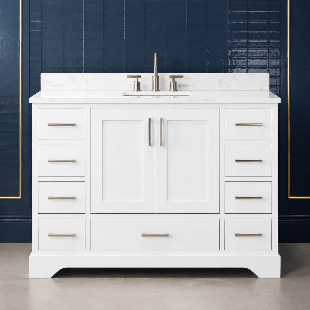 Milena 48 inch single sink bathroom vanity showing solid wood doors, full-extension dovetail drawers, and a single-basin top, finish-neutral front view, in Purity White finish