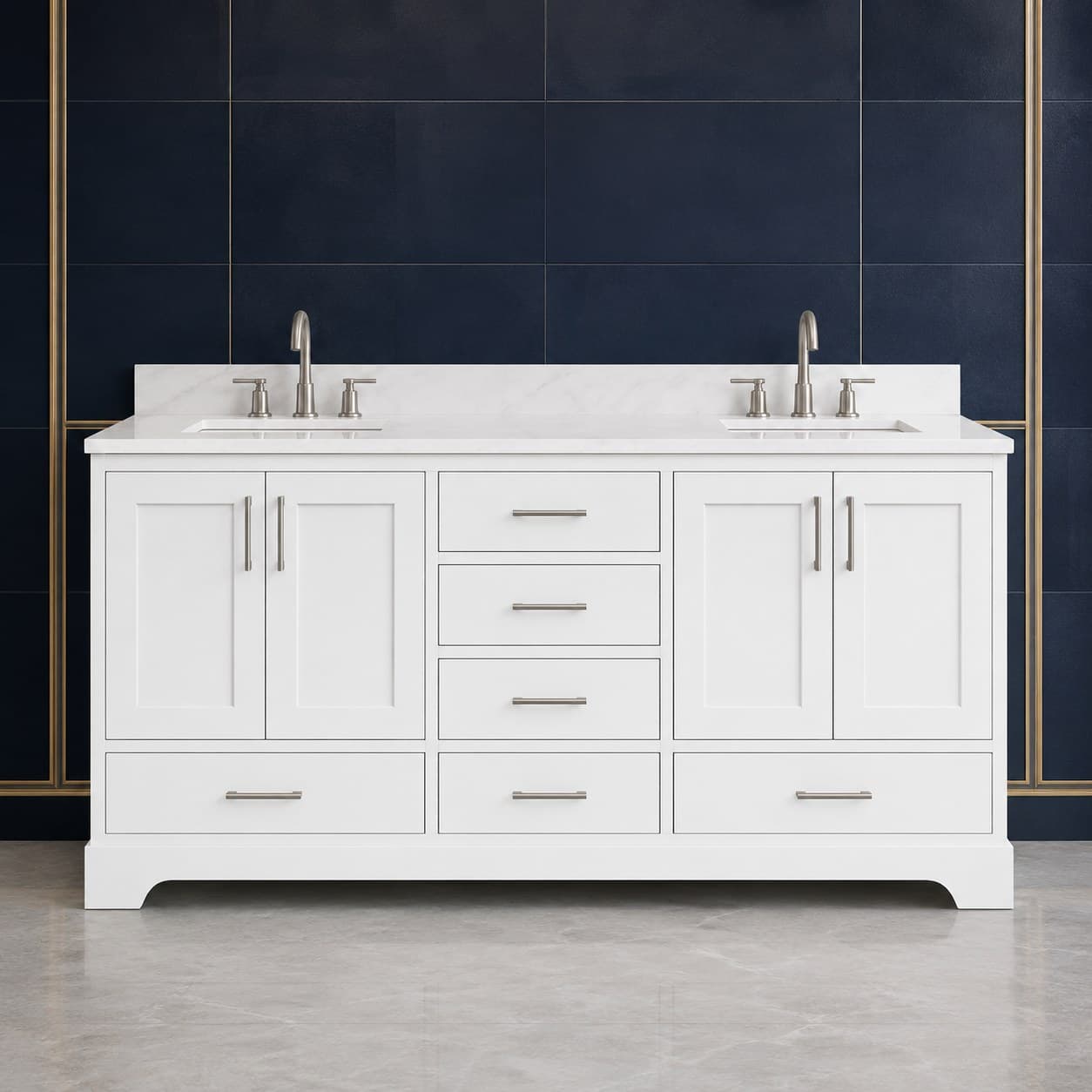 Milena 72 inch double sink bathroom vanity with two basins, twin soft-close door bays, and a center stack of dovetail drawers, in Purity White finish — front view