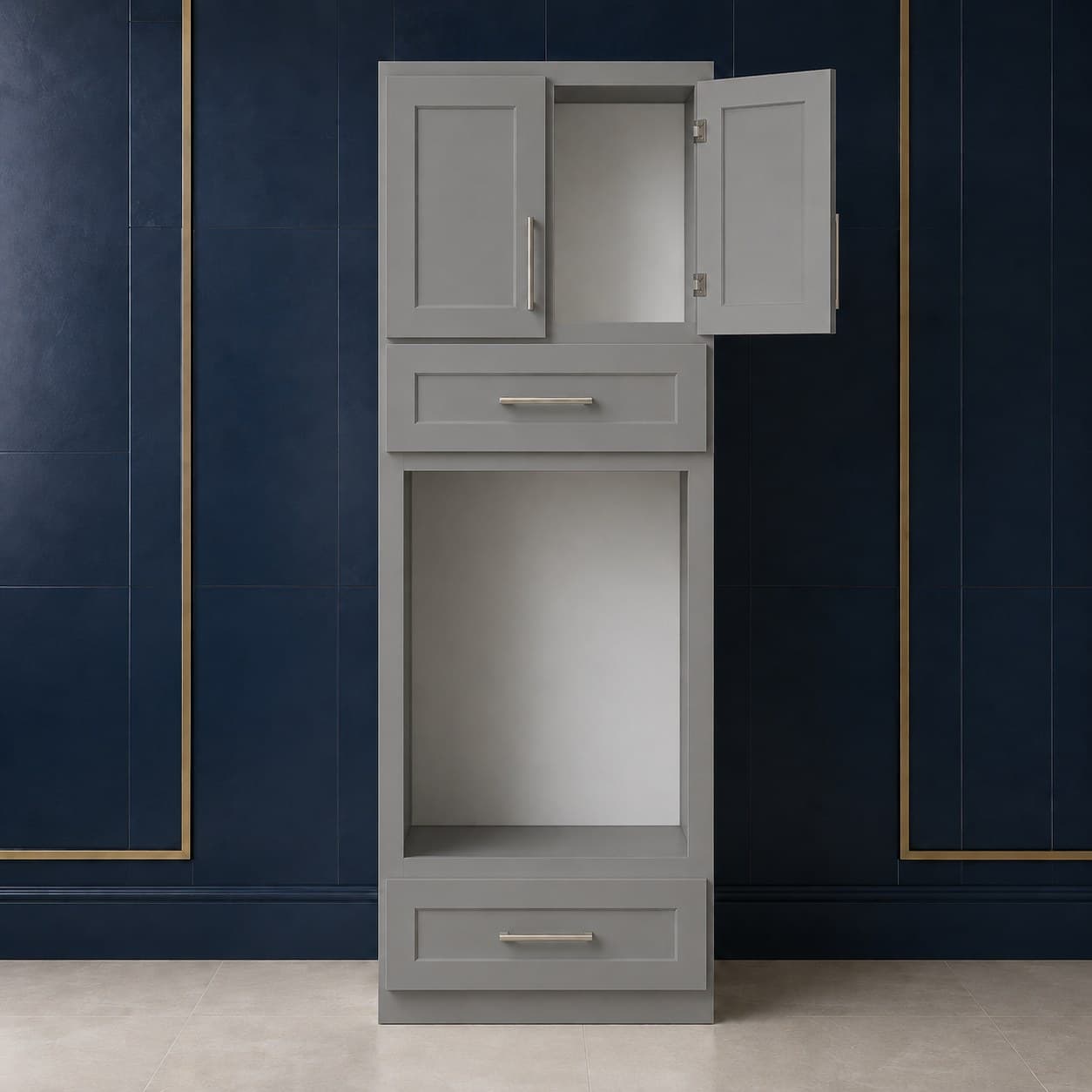 Tall oven pantry cabinet, 33 inches wide and 90 inches high, with a wall oven opening, two lower doors, and a false drawer front, shown in a neutral wood finish, in Modern Gray finish — front view