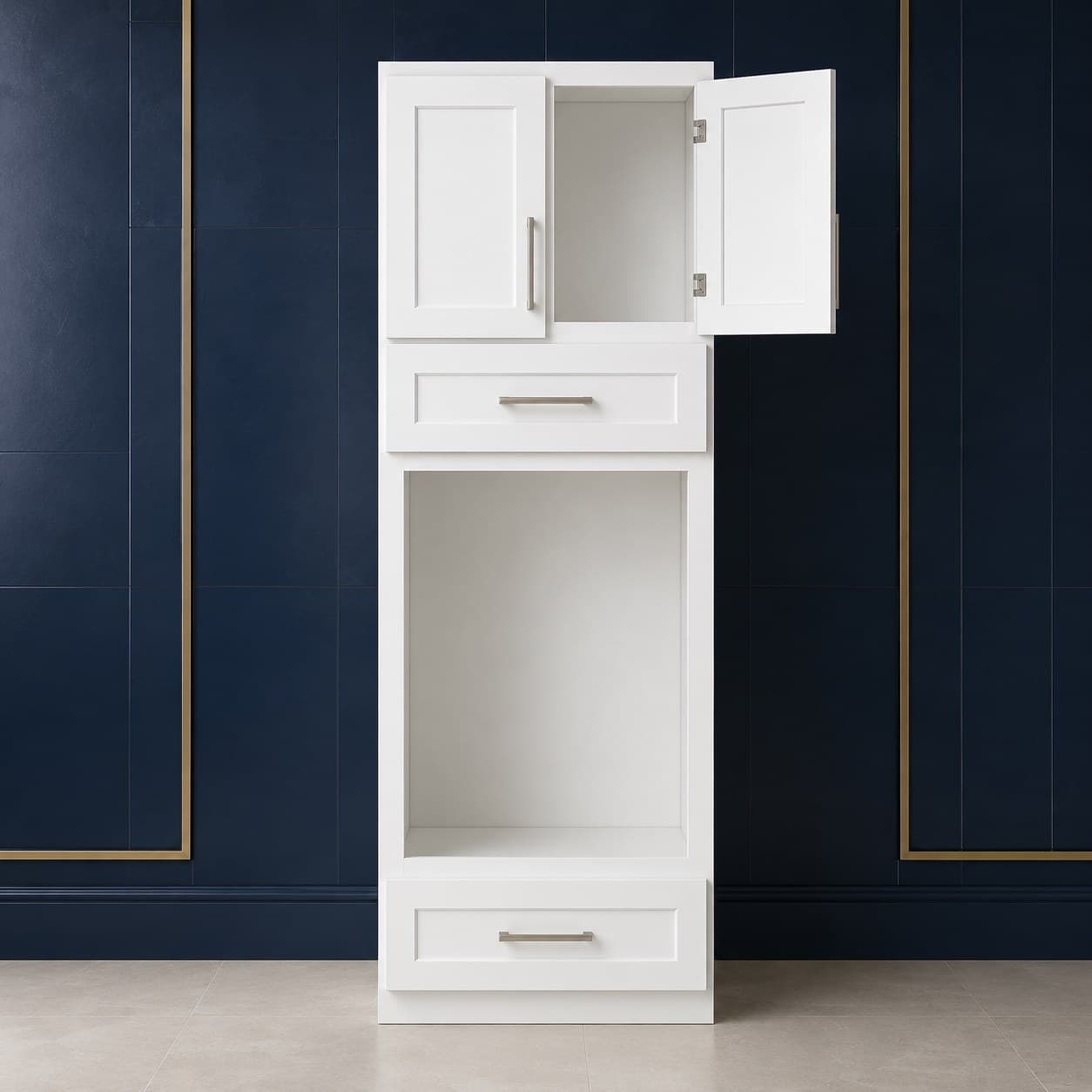 Tall oven pantry cabinet, 33 inches wide and 90 inches high, with a wall oven opening, two lower doors, and a false drawer front, shown in a neutral wood finish, in Purity White finish — front view